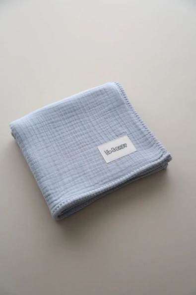 LİBABABY Müslin Mavi-OEKO-TEX Sertifikalı %100Pamuk 4 Katlı Kenar Nakışlı 105x105 cm Müslin Battaniye & Örtü - 5