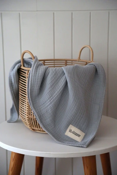 LİBABABY Müslin Mavi-OEKO-TEX Sertifikalı %100Pamuk 4 Katlı Kenar Nakışlı 105x105 cm Müslin Battaniye & Örtü