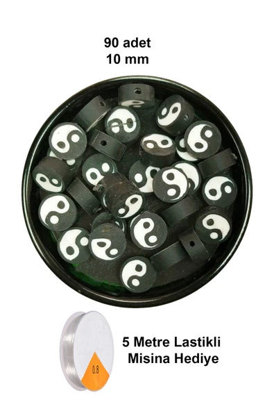 90 Adet 10 mm Polimer Kil Fimo Boncuk Takı Bileklik + 5 Metre Lastikli Misina Hediye - Yin Yang