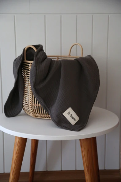 LİBABABY Müslin Gri-OEKO-TEX Sertifikalı %100pamuk 4 Katlı Kenar Nakışlı 105x105 Cm Bebek Battaniye & Örtü