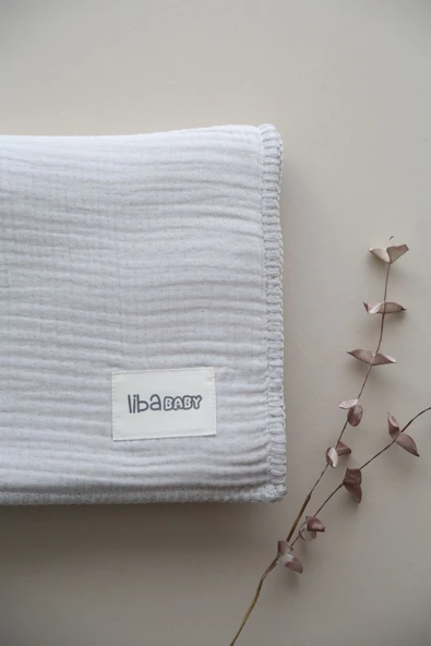 LİBABABY Müslin Bej OEKO-TEX Sertifikalı %100 Pamuk 4 Katlı Kenar Nakışlı 105x105 cm Müslin Battaniye & Örtü - 5