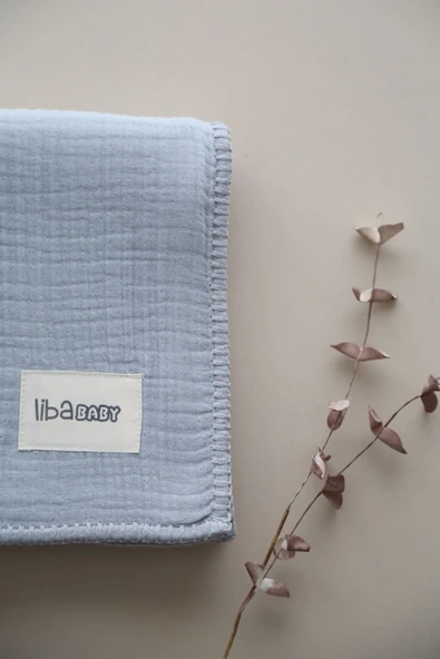 LİBABABY Müslin Mavi-OEKO-TEX Sertifikalı %100Pamuk 4 Katlı Kenar Nakışlı 105x105 cm Müslin Battaniye & Örtü - 4
