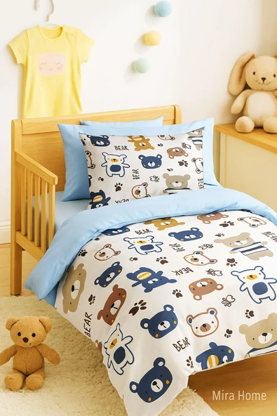 Dijital Baskılı 3d Pamuklu Yenidoğan Bebek Nevresim Takımı Bear Toy Blue - 3