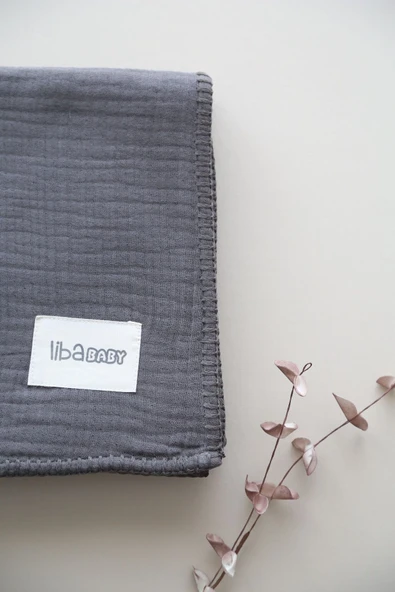 LİBABABY Müslin Gri-OEKO-TEX Sertifikalı %100pamuk 4 Katlı Kenar Nakışlı 105x105 Cm Bebek Battaniye & Örtü - 4