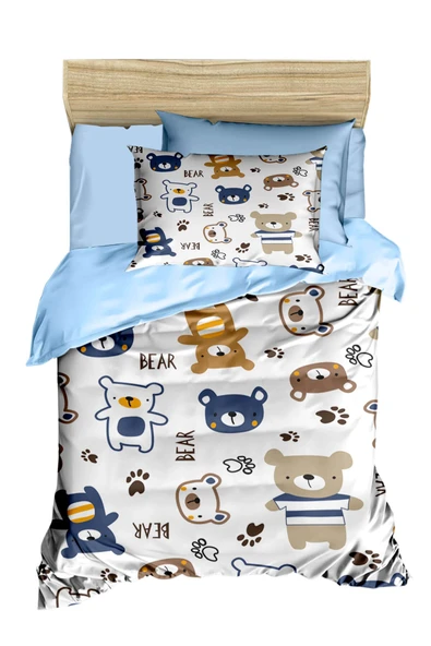 Dijital Baskılı 3d Pamuklu Yenidoğan Bebek Nevresim Takımı Bear Toy Blue - 2