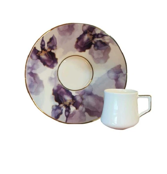 Evaliza Buket Mor Çiçek 130ML 6 Kişilik Double Kahve Fincan Takımı