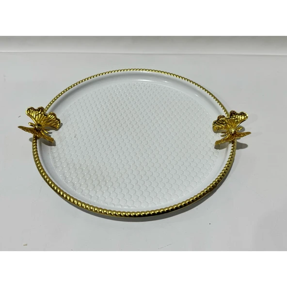 LAVİN TEPSİ METAL DÖVMELİ YUVARLAK KELEBEK BEYAZ LVN 43083 3083