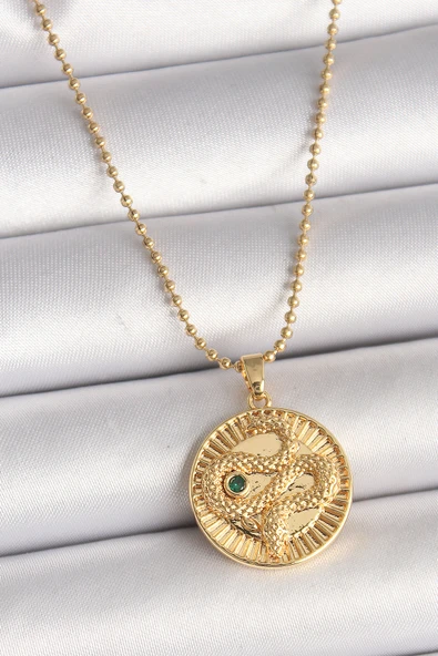 316L Çelik Gold Renk Topçuk Zincir Yılan İşlemeli Zirkon Taş Detaylı Madalyon Model Kadın Kolye ürün görseli 1