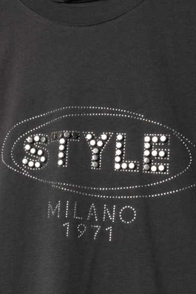 Süprem Kumaş Taş Detaylı Kadın Tişört-Antrasit - 2