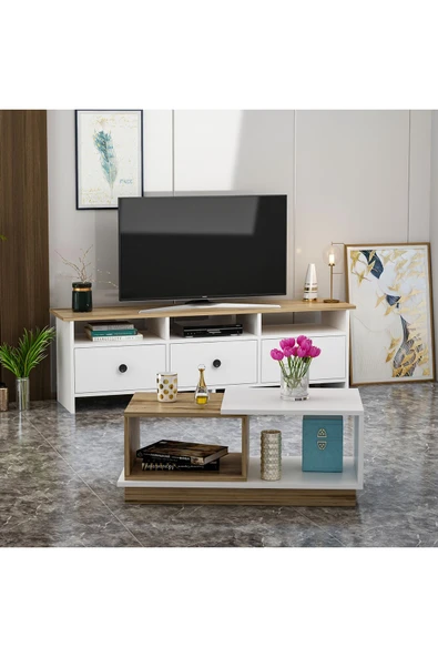 Oslo Tv Ünitesi ve Viyana Orta Sehpa Takım Beyaz/Kahverengi, Oturma Odası SET - 2