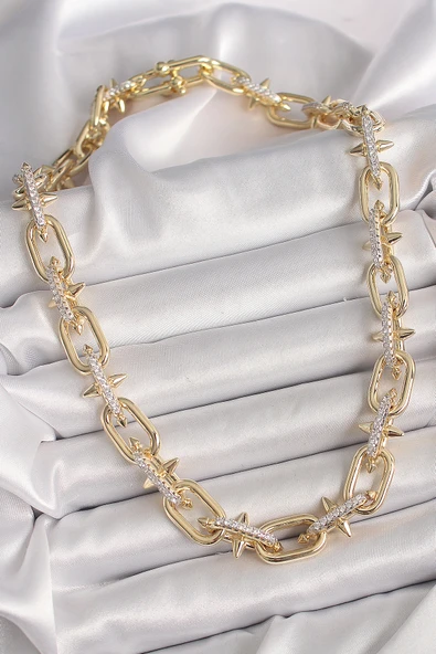 Pirinç Gold Renk Zirkon Taşlı Dikenli Halka Model VIP Exculusive Seri Kadın Kolye - 2