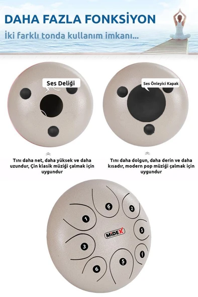 Midex TD-108WH Çelik Dil Davul Handpan 10 İnç 8 Ton Steel Tongue Drum Full Set - 4