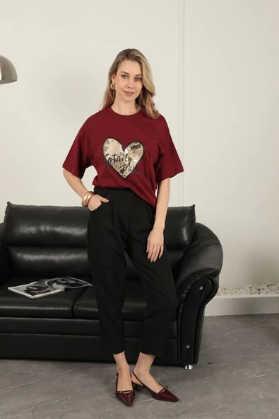 Süprem Kumaş Pul Detaylı Kadın Tişört-Bordo - 3