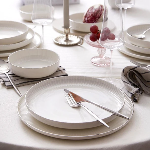 Kütahya Porselen Bone Crest 48 Parça Yemek Takımı Platin File