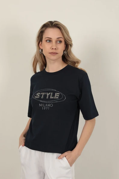 Süprem Kumaş Taş Detaylı Kadın Tişört-Lacivert - 4