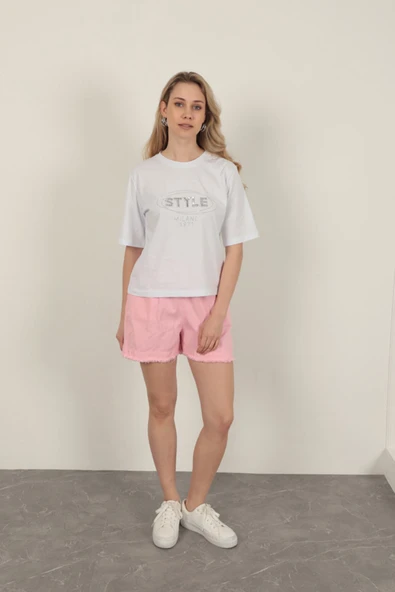 Süprem Kumaş Taş Detaylı Kadın Tişört-Beyaz - 4