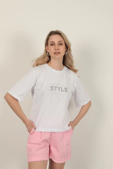 Süprem Kumaş Taş Detaylı Kadın Tişört-Beyaz - 5