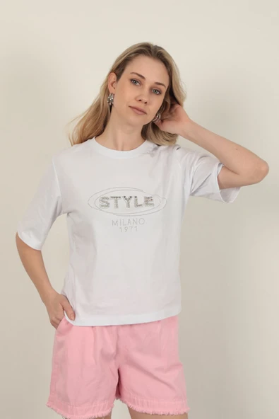 Süprem Kumaş Taş Detaylı Kadın Tişört-Beyaz - 3