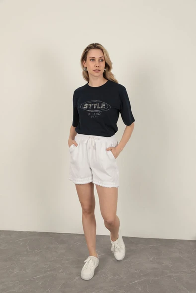 Süprem Kumaş Taş Detaylı Kadın Tişört-Lacivert - 2