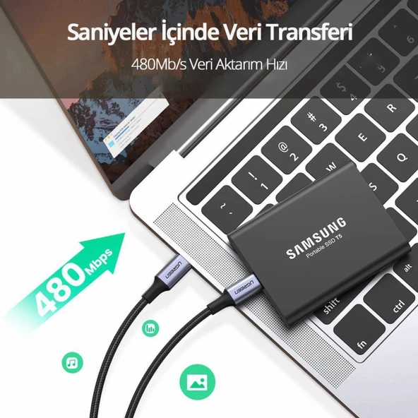 Ugreen 70427 USB-C to USB-C QC/PD 100W 1M Örgülü Hızlı Şarj Kablosu - 3
