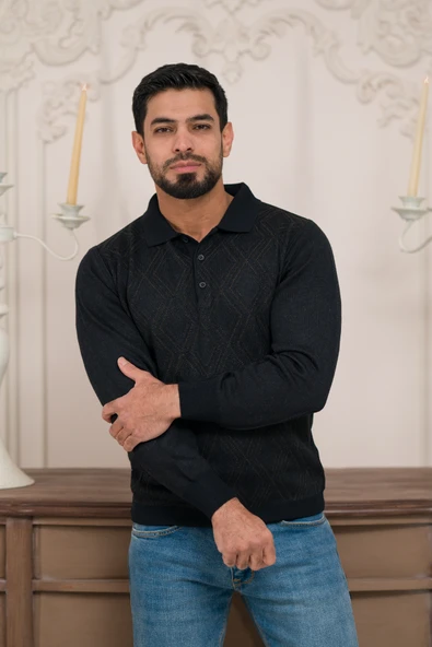 Woolen World Polo Yaka Desenli Yünlü Erkek Triko Kazak - 12