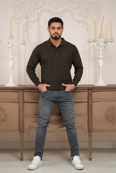 Woolen World Polo Yaka Düz Renk Yünlü Erkek Triko Kazak - 8