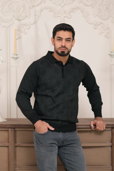 Woolen World Polo Yaka Desenli Yünlü Erkek Triko Kazak - 7