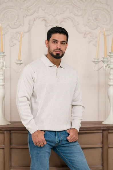 Woolen World Polo Yaka Düz Renk Yünlü Erkek Triko Kazak - 2