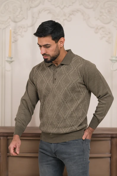 Woolen World Polo Yaka Desenli Yünlü Erkek Triko Kazak - 2