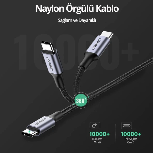 Ugreen 70427 USB-C to USB-C QC/PD 100W 1M Örgülü Hızlı Şarj Kablosu - 6