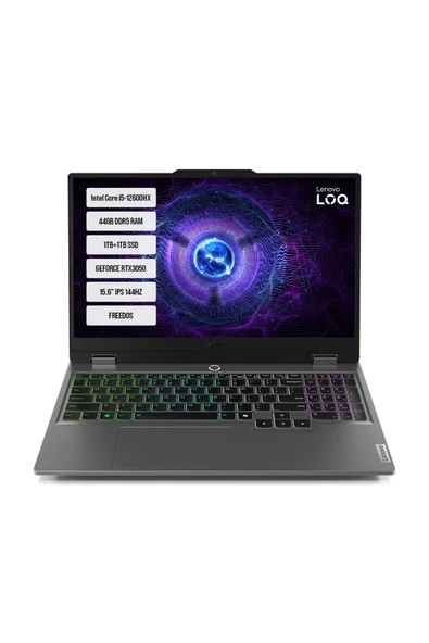 Lenovo LOQ 15IAX9 83GS00Q8TR-09 Intel Core i5-12600HX 44GB DDR5 1TB+1TB SSD RTX3050-6GB 95W 15.6" IPS 144HZ FreeDos Taşınabilir Bilgisayar