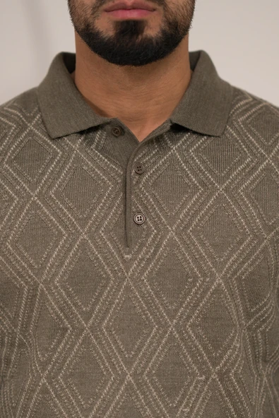 Woolen World Polo Yaka Desenli Yünlü Erkek Triko Kazak - 5