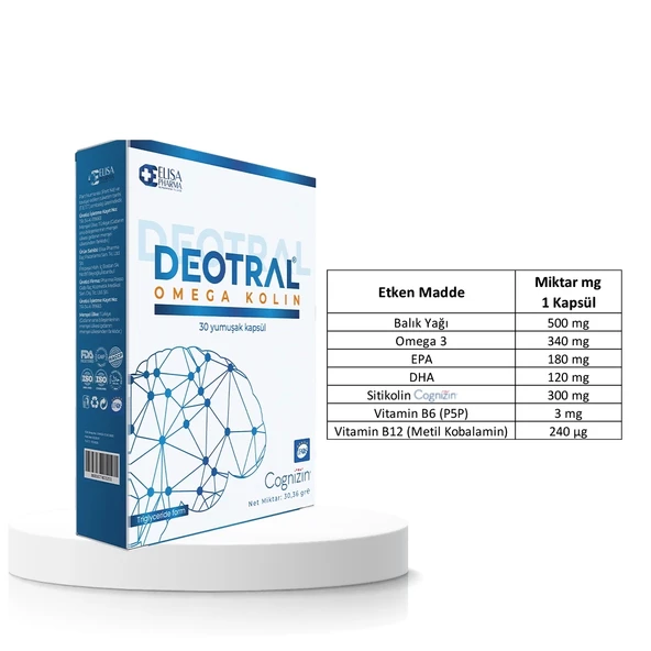 Deotral Omega Kolin 30 Softgel, Sitikolin, EPA, DHA, Omega 3, B6, B12 İçeren Balık Yağı - 2