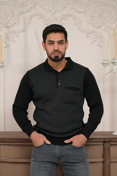 Woolen World Polo Yaka Cepli Armürlü Yünlü Erkek Triko Kazak - 2