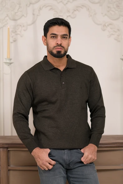 Woolen World Polo Yaka Düz Renk Yünlü Erkek Triko Kazak - 7