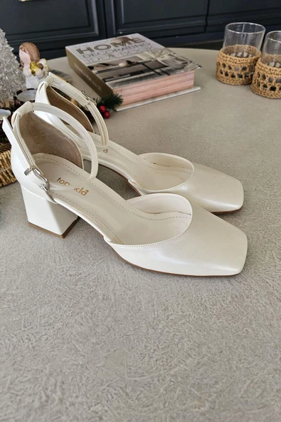 10 60 Topukla Kadın Bilekden Bağlamalı Beyaz Sedef 6 cm Topuklu Ayakkabı - 3