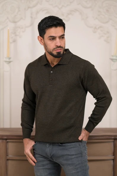 Woolen World Polo Yaka Düz Renk Yünlü Erkek Triko Kazak - 6