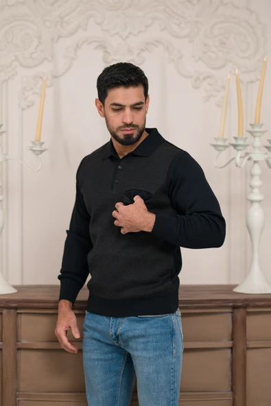 Woolen World Polo Yaka Cepli Armürlü Yünlü Erkek Triko Kazak - 7