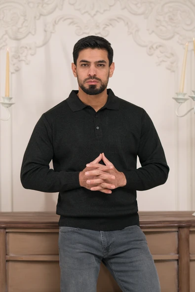 Woolen World Polo Yaka Düz Renk Yünlü Erkek Triko Kazak - 12