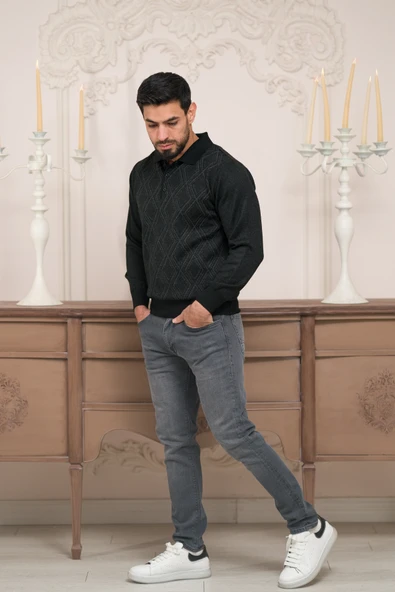 Woolen World Polo Yaka Desenli Yünlü Erkek Triko Kazak - 6