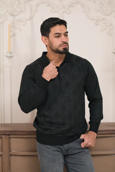 Woolen World Polo Yaka Desenli Yünlü Erkek Triko Kazak - 8