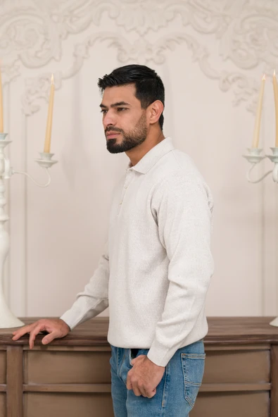 Woolen World Polo Yaka Düz Renk Yünlü Erkek Triko Kazak - 3