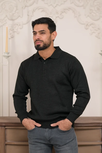 Woolen World Polo Yaka Düz Renk Yünlü Erkek Triko Kazak - 11