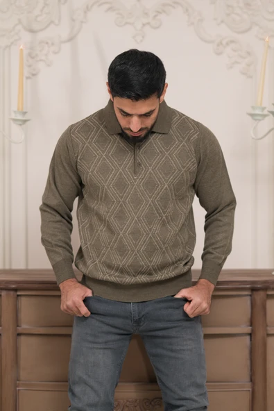 Woolen World Polo Yaka Desenli Yünlü Erkek Triko Kazak - 3