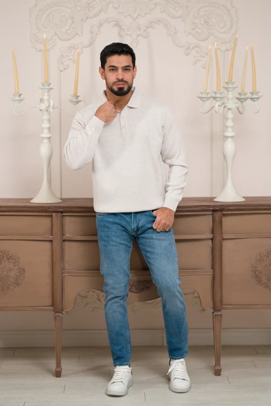 Woolen World Polo Yaka Düz Renk Yünlü Erkek Triko Kazak