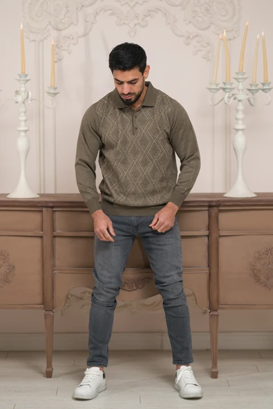 Woolen World Polo Yaka Desenli Yünlü Erkek Triko Kazak