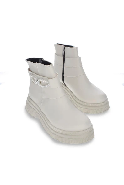 Kadın Kalın Taban Dekoratif Toka Detaylı Günlük Bot Yuvarlak Burun Fermuarlı Kadın Bot