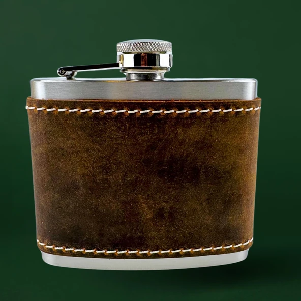 Perlotus 5 Oz 150 cc Fındık Kahverengi Crazy Deri Kılıflı El Yapımı Çelik Viski Cep Matarası - 7