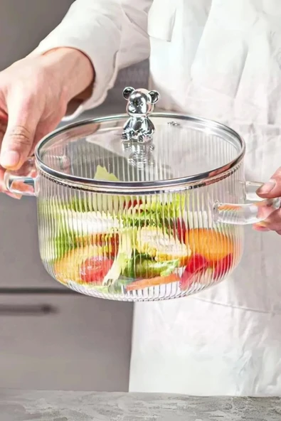 Madamev Pinterest Cam Tencere Ayıcık Figürlü Minimalist Borosilikat Isıya Dayanıklı Ocaküstü Tencere 1500ml - 2