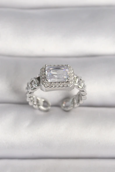 Pirinç Gümüş Renk Ayarlanabilir Zincir Kare Zirkon Taşlı Kadın Yüzük